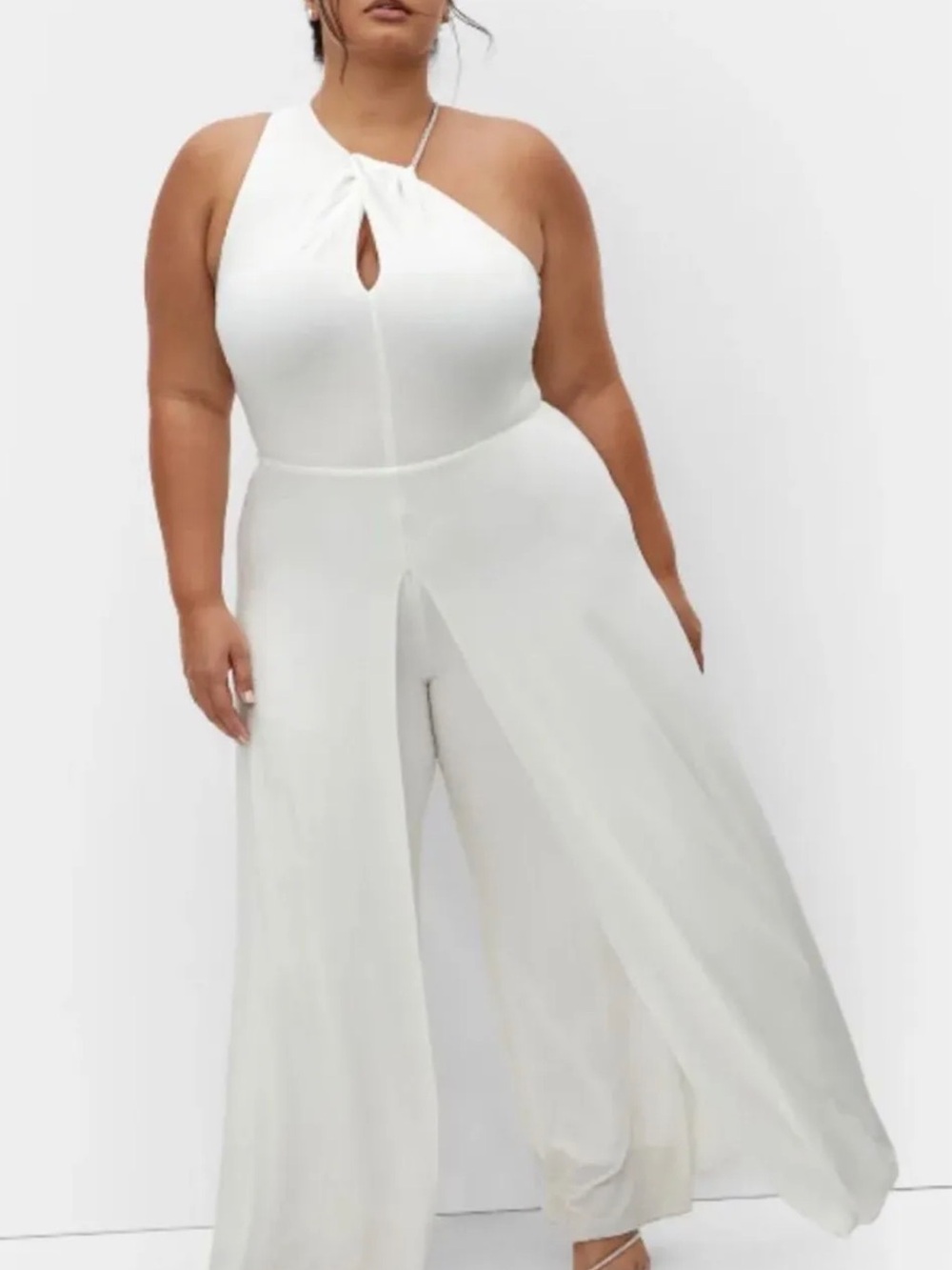 Plus Size White Halter Jumpsuit with Split Palazzo Pants